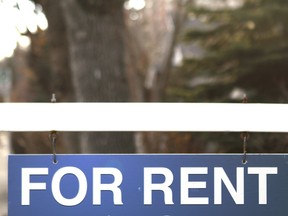 A for rent sign is shown in front of a rental property on 4th Street S.W. in Calgary.
