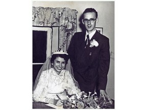 Pauline and Hugh Dempsey on their wedding day  in 1953. The Indigenous and non-Indigenous couple were pioneers in the evolution of views on Indigenous Peoples in Alberta.