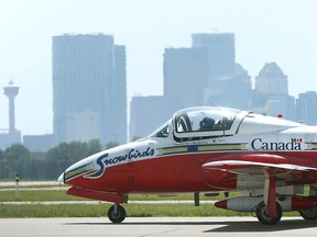 The Snowbirds land at the Calgary International Airport Tuesday, July 13, 2021. They are scheduled for a flyover on Wednesday.