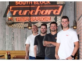 Jared Kichula, owner, Craig Ramsay, chef, Ryan Platkins, brewer, and Ben Fellows, GM, at South Block BBQ & Brewing Co. Thursday, July 15, 2021. Brendan Miller/Postmedia