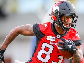 Calgary Stampeders Markeith Ambles during warm-up before facing the Toronto Argonauts in CFL football in Calgary on Friday, September 28, 2018. Al Charest/Postmedia