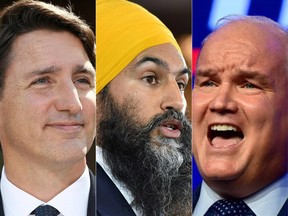 This combination of pictures shows Canada's Prime Minister Justin Trudeau, NDP leader Jagmeet Singh and Conservative Leader Erin OToole.