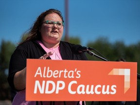 Alberta NDP Deputy Leader Sarah Hoffman speaks at a press conference at Brentwood community garden on Wednesday, August 25, 2021.