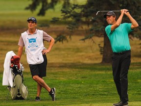 CALGARY, AB - AUGUST 14: Stephen Ames of Canada takes his second shot on the seventh hole during round one of the Shaw Charity Classic at Canyon Meadows Golf & Country Club on August 14, 2021 in Calgary, Alberta, Canada.