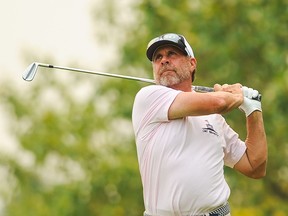 CALGARY, AB - AUGUST 14: Doug Barron of USA tees off on the ninth hole during round two of the Shaw Charity Classic at Canyon Meadows Golf & Country Club on August 14, 2021 in Calgary, Alberta, Canada.