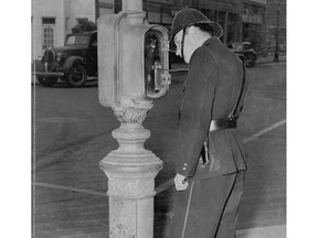 Call boxes were first installed in Calgary in 1914 and were used by police officers patrolling their beats on foot to contact the station.  There were 67 call boxes on seven circuits covering every part of the city. Calgary Herald archives.