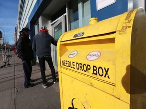 A needle drop box outside the safe consumption site at the Sheldon Chumir Centre in Calgary's beltline was photographed on Tuesday January 29, 2019.
