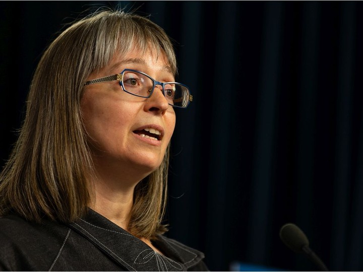  Alberta chief medical officer of health Dr. Deena Hinshaw gives a COVID-19 pandemic update from the media room at the Alberta legislature in Edmonton on July 28, 2021.