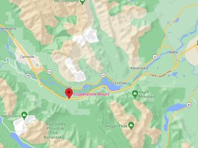A wildfire near Deadman's Flats on Friday, Aug. 13, 2021, has closed the Trans-Canada Highway.
