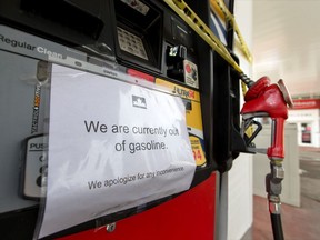Some Petro-Canada gas stations in Calgary are facing gasoline shortages like this pump signed as out of gasoline and taped off at a station at 6th street and 16th Avenue N.E. on Monday, August 23, 2021.