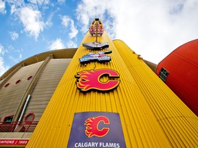 The Scotiabank Saddledome, home of the Calgary Flames, was photographed on Monday, August 23, 2021. The Flames have announced that fans will need to be fully vaccinated against COVID-19 to attend games.