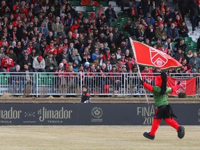 Cavarly FC mascot Sarge entertains fans before kick ff during Leg 2 of the Canadian Premier League Championship  between Forge FC and Cavalry FC at ATCO Field at Spruce Meadows in Calgary on Nov. 2, 2019. Forge won 1-0 and were crowned league champions.