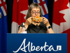 Alberta chief medical officer of health Dr. Deena Hinshaw speaks at a COVID-19 press conference in Edmonton on Aug. 13, 2021.