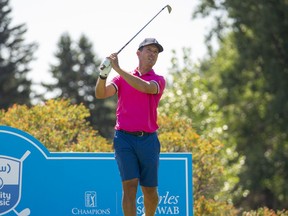 Mike Weir tees off on the par 3 12th hole during the ProAm day 2 at the Shaw Charity Classic in Calgary, Alberta, Canada, August 12, 2021. Todd Korol/Shaw Charity Classic