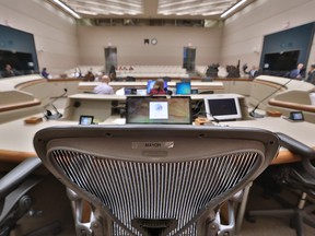 The mayor's chair in Calgary city council chambers.