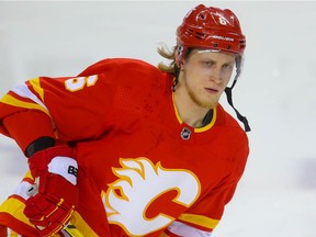 Calgary Flames defenceman Juuso Valimaki during warm-up before a game against the Edmonton Oilers at the Saddledome in Calgary on March 15, 2021.
