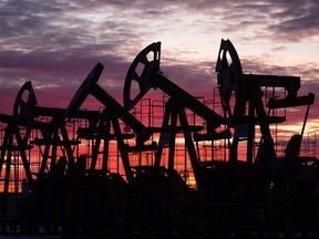 Oil pumpjacks in an oilfield in the Republic of Bashkortostan, Russia, on Nov. 19, 2020.