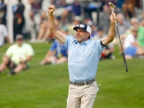 Doug Barron celebrates his Shaw Charity Classic title at Canyon Meadows Golf & Country Club in Calgary on Sunday, Aug. 15, 2021.