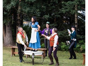 Marilu Adams, Emily Pomeroy, Irene Poole, Sherry Thompson and  Aven Achenbach on the Pine Tree Players. in Shakespeare's Twelfth Night for the Canmore Summer Theatre Festival. Photo by Shirleen Burnett. For Louis Hobson column.