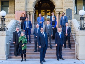 Mayor Naheed Nenshi and the city councillors pose for a group photo outside the City Hall just before mayor's final meeting on Monday, September 13, 2021.