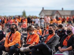 People gather at Fort Calgary to attend the Orange Shirt Day event by the City of Calgary on Thursday, September 30, 2021.