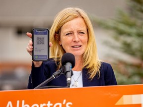 NDP leader Rachel Notley shows off her plan for a vaccine passport at a press conference in Calgary, Alberta. SUPPLIED PHOTO