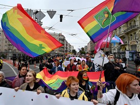 LGBTQ+ activists march in the centre of the Ukrainian capital of Kiev during KyivPride-2021 on September 19, 2021.