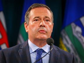 Premier Jason Kenney during a news conference regarding the surging COVID cases in the province in Calgary on Wednesday, Sept. 15, 2021.