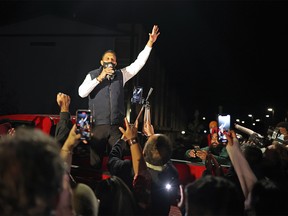 Calgary Skyview Liberal Party candidate George Chahal thanks supporters outside his campaign headquarters on Monday, September 20, 2021.