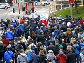 Hundreds came out for the Frontline for Freedom rally and walk at Olympic Plaza in Calgary on Sunday, September 12, 2021.