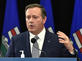 Premier Jason Kenney answering questions on the cabinet shuffle appointing Jason Copping as the new Minister of Health during a news conference in Edmonton, September 21, 2021.