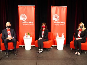 Michael Crothers, United Way campaign co-chair, Karen Young, president and CEO, United Way of Calgary and Area and campaign co-chair Janet Soles after kicking off United Way month and its fall campaign on Wednesday, September 8, 2021.