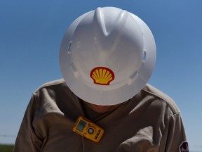 The hardhat of a Shell worker at the company's Permian basin facility.