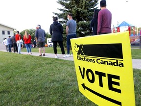 Advance polls at the Renfrew Community Association were around the block in Calgary on Monday, Sept. 13, 2021.