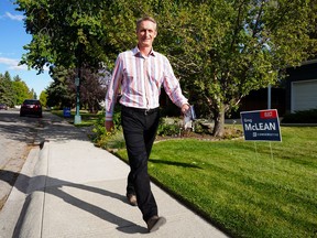 Conservative Calgary Centre candidate Greg McLean goes door-to-door speaking with supporters in the southwest community of Bel-Aire on election day Monday, September 20, 2021.