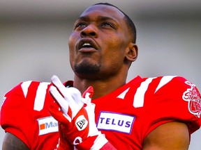 Richard Leonard of the Calgary Stampeders  before facing the Montreal Alouettes in CFL football on Friday, August 20, 2021. Al CHAREST / POSTMEDIA