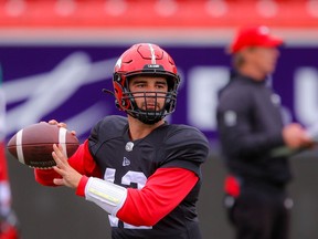 Calgary Stampeders quarterback Jake Maier  during practice in Calgary