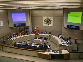 An overhead view of the Calgary city council chambers during a session on Sept. 24, 2018.