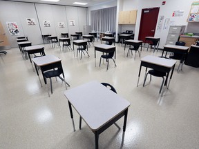 Desks spaced out in a Calgary classroom.