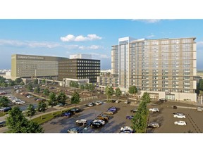 A rendering of the first phase of the under-construction Uxborough on the site of the former Stadium Shopping Centre, showing a medical office building and apartment tower across from the Calgary Cancer Centre.
