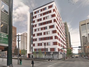 An artist's rendering of the office to housing conversion of Sierra Place after being repurposed for HomeSpace.