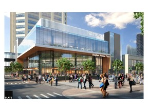 Rendering of Stephen Avenue Place in downtown Calgary shows a wrap-around restaurant and patio.