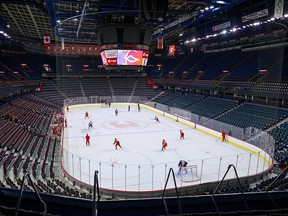 The Calgary Flames practise at the Saddledome during training camp on Thursday, Sept. 23, 2021.
