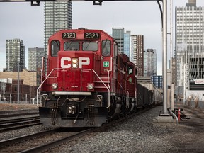 A Canadian Pacific Railway locomotive pulls a train in Calgary.