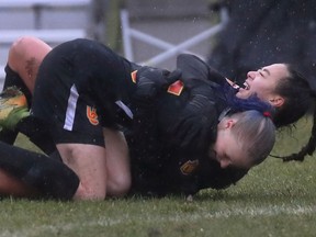 University of Calgary Dinos soccer player Montana Leonard scored her Canada West record-breaking 17th goal this season in a 4-0 win over the MacEwan University Griffins at Dinosaur Field in Calgary on Saturday, Oct. 23, 2021.