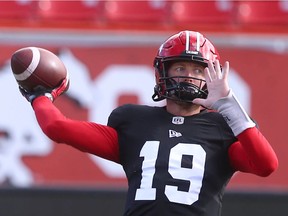 Calgary Stampeders quarterback Bo Levi Mitchell throws during practice at McMahon Stadium in Calgary on Tuesday, Sept. 28, 2021.