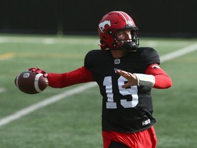 Calgary Stampeders quarterback Bo Levi Mitchell throws during practice at McMahon Stadium in Calgary on Thursday, Sept. 30, 2021.