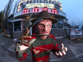 Ethan Martinez is dressed as 'A Nightmare on Elm Street'  character Freddy Krueger at Dr Giggle's Theatre of Pain in Chestermere, AB, east of Calgary on Friday, October 29, 2021. The Koroll family start building the scary walk through set about May each year and this year's production features local actors and volunteers. The cost to build and run the Halloween feature is pegged at about $28,000.