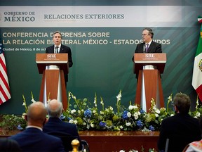 US Secretary of State Antony Blinken, left, speaks during a joint news conference with Mexico's Foreign Minister Marcelo Ebrard at the Mexican Ministry of Foreign Affairs, in Mexico City, on October 8, 2021.