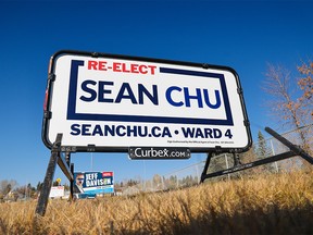 A campaign sign for Ward 4 candidate Sean Chu remained along Shaganappi Trail N.W. on Tuesday, October 19, 2021 after his narrow victory over challenger DJ Kelly in the municipal election on Monday night.